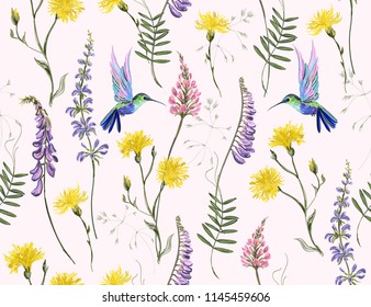 Beautiful botanical floral meadow background with hand drawn flowers hummingbirds for textile, fabric, covers, wallpapers, print, gift wrap,scrapbook in watercolor stile. Isolated on white background.