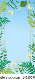 Beautiful botanical frame background for vertical flyer or banner design. Flowers and herbs on blue background illustration. - Vector