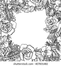 Beautiful botanical frame with bird and flowers. Perfect for invitations,cards,posters or for adult coloring book pages.Vector hand drawn illustration.