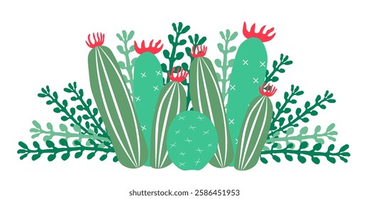 Beautiful botanical illustration with cacti and succulents. Green and red colors are used. Composition of plants isolated on  white background. Perfect for business cards, invitations, postcards.