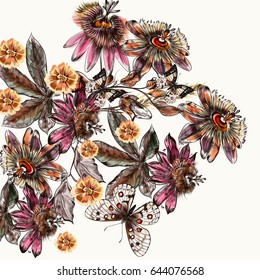 Beautiful botanical illustration in watercolor with drawn vintage flowers