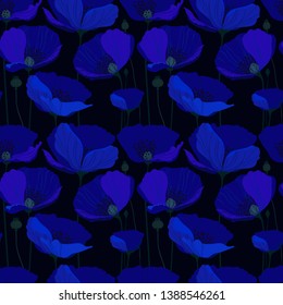 beautiful botanical ornament with blue poppy flowers on a dark background, seamless vector pattern for wallpapers, fabrics and prints