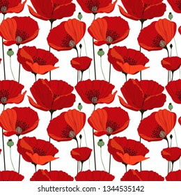 beautiful botanical pattern with red poppies, seamless vector pattern on white background