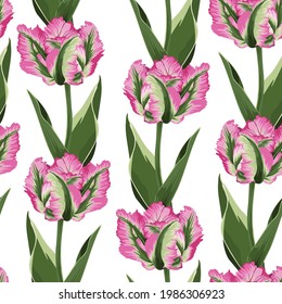 Schönes botanisches Muster mit Tulpenblumen. nahtloses Muster. Ein schöner Druck zum Druck auf Stoff, Tapete, Designerabdrücke.