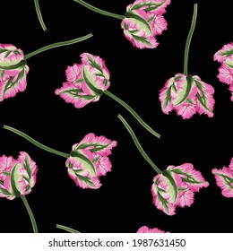 Beautiful botanical pattern with tulip flowers, seamless pattern. A beautiful print for printing on fabric, wallpaper, designer prints. Dark background.