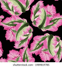Hermoso patrón botánico con flores de tulipán. Patrón sin foco sobre fondo negro. Una hermosa impresión para imprimir en tela, papel pintado, huellas de diseñador.