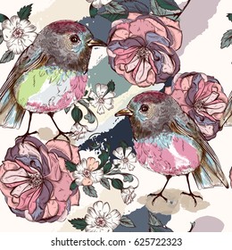 Hermoso patrón botánico en estilo vintage con pájaros y rosas