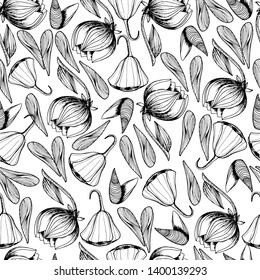 Beautiful botanical pattern with wildflowers painted with mascara hand. Spring flowers in different angles with liner. Flowers irises. For design, scrapbooking, templates, for cosmetics, weddings