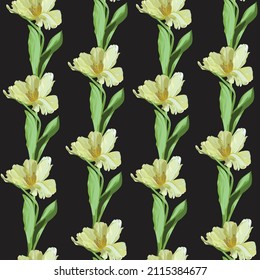 Schönes botanisches Muster mit gelben Tulpenblumen, nahtloses Muster. Ein schöner Druck zum Druck auf Stoff, Tapete, Designerabdrücke.
