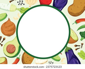 Beautiful botanical raw vegetable plants and spices pattern vector illustration with white circle empty copy space for text placement on the middle. Vegetable themed poster or social media cover.