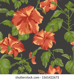 Beautiful botanical repeat background. Floral seamless pattern with Chinese Hibiscus rose flowers. Graphic texture art design, For textile, fabric, fashion, wrapper and surface.