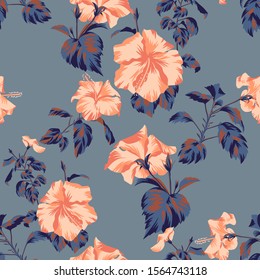 Beautiful botanical repeat background. Floral seamless pattern with Chinese Hibiscus rose flowers. Graphic texture art design, For textile, fabric, fashion, wrapper and surface.