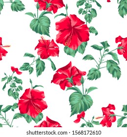 Beautiful botanical repeat background. Floral seamless pattern with Chinese Hibiscus rose flowers. Graphic texture art design, For textile, fabric, fashion, wrapper and surface.