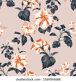 Beautiful botanical repeat background. Floral seamless pattern with Chinese Hibiscus rose flowers. Graphic texture art design, For textile, fabric, fashion, wrapper and surface.