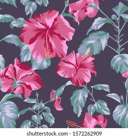 Beautiful botanical repeat background. Floral seamless pattern with Chinese Hibiscus rose flowers. Graphic texture art design, For textile, fabric, fashion, wrapper and surface.