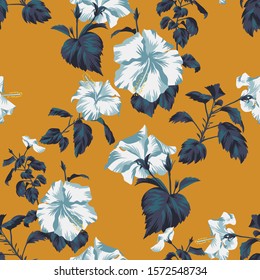 Beautiful botanical repeat background. Floral seamless pattern with Chinese Hibiscus rose flowers. Graphic texture art design, For textile, fabric, fashion, wrapper and surface.