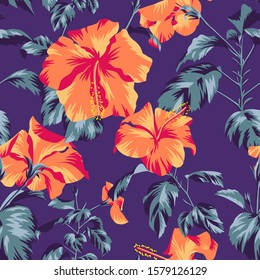 Beautiful botanical repeat background. Floral seamless pattern with Chinese Hibiscus rose flowers. Graphic texture art design, For textile, fabric, fashion, wrapper and surface.