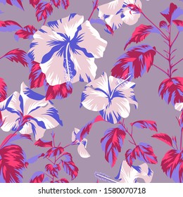 Beautiful botanical repeat background. Floral seamless pattern with Chinese Hibiscus rose flowers. Graphic texture art design, For textile, fabric, fashion, wrapper and surface.