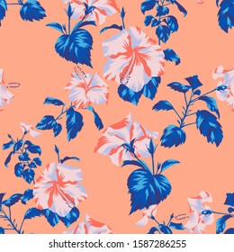 Beautiful botanical repeat background. Floral seamless pattern with Chinese Hibiscus rose flowers. Graphic texture art design, For textile, fabric, fashion, wrapper and surface.