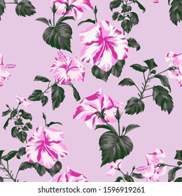 Beautiful botanical repeat background. Floral seamless pattern with Chinese Hibiscus rose flowers. Graphic texture art design, For textile, fabric, fashion, wrapper and surface.