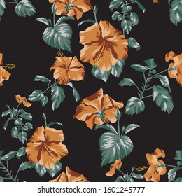Beautiful botanical repeat background. Floral seamless pattern with Chinese Hibiscus rose flowers. Graphic texture art design, For textile, fabric, fashion, wrapper and surface.