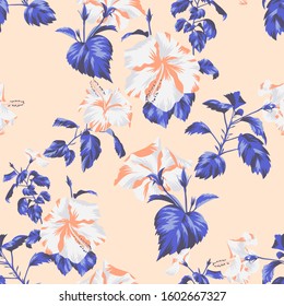Beautiful botanical repeat background. Floral seamless pattern with Chinese Hibiscus rose flowers. Graphic texture art design, For textile, fabric, fashion, wrapper and surface.