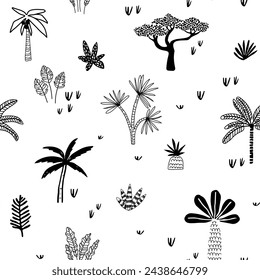 Beautiful botanical seamless drawing background with coconut palms and tropical trees and actual plants silhouettes. on a white background. children's drawing style