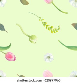 Beautiful botanical seamless pattern with tulips, white and yellow flowers and fresh leaves against light green background. Spring bloom concept. Vector illustration in rustic style for wallpaper