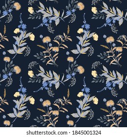 Beautiful Botanical seamless vector pattern with leaves ,blooming floral winter mood ,Design for fashion , fabric, textile, wallpaper, cover, web , wrapping and all prints on dark blue.