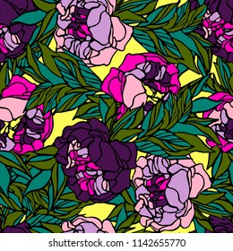 Beautiful botanical vector with peonies. Seamless vector background with pattern of peonies. Bright, rich design. Suitable for textiles, wallpaper, wrapping paper, etc.