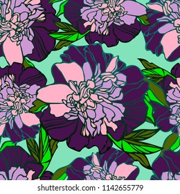 Beautiful botanical vector with peonies. Seamless vector background with pattern of peonies. Bright, rich design. Suitable for textiles, wallpaper, wrapping paper, etc.