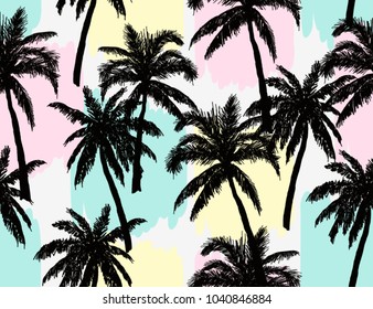 Beautiful  botanical vector seamless pattern background with palm trees silhouettes. Isolated on white background.