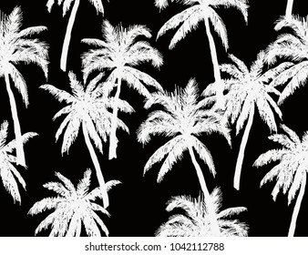 Beautiful  botanical vector seamless pattern background with palm trees silhouettes. Jungle foliage. Isolated on black background.