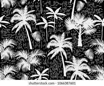 Beautiful botanical vector seamless pattern background with banana, coconut palm trees silhouettes. Isolated on white background.