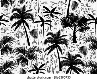 Beautiful botanical vector seamless pattern background with banana, coconut palm trees silhouettes. Isolated on white background.