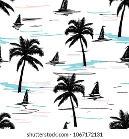 Beautiful botanical vector seamless pattern background with  coconut palm trees, sailboat  silhouettes. Isolated on white background.