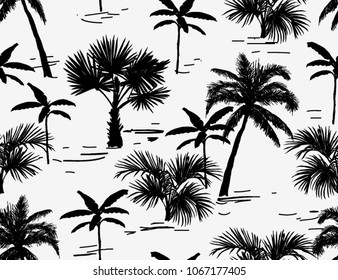 Beautiful botanical vector seamless pattern background with banana, coconut palm trees silhouettes. Isolated on white background.