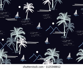 Beautiful botanical vector seamless pattern background with coconut palm trees, sailboats,  beach and ocean vector hand drawn style. Isolated on a white  background. Hand drawn style.