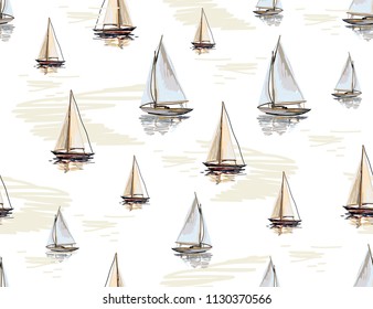 Beautiful botanical vector seamless pattern background with the  ocean,  sailboat silhouettes. Isolated on white background. The Summer beach surfing illustration.