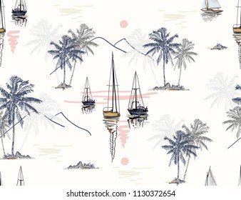 Beautiful botanical vector seamless pattern background with coconut palm trees, sailboat silhouettes, sun, mountaines. Isolated on white background. The Summer beach surfing illustration. 