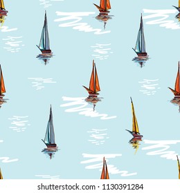 Beautiful botanical vector seamless pattern background with  sailboat silhouettes. Isolated on light blue background.