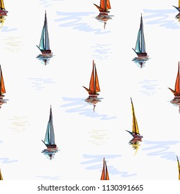 Beautiful botanical vector seamless pattern background with  sailboat silhouettes. Isolated on white background.