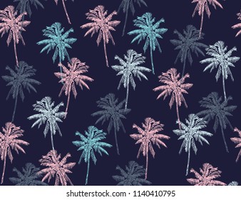 Beautiful botanical vector seamless pattern background with palm trees silhouettes. Isolated on blue 
background.