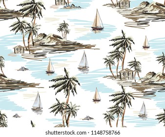 Beautiful botanical vector seamless pattern background with coconut palm trees, sailboat silhouettes, mountains. Isolated on white background.