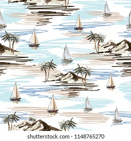 Beautiful botanical vector seamless pattern background with coconut palm trees, sailboat silhouettes, mountains. Isolated on white background