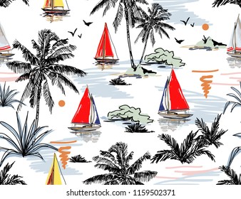 Beautiful botanical vector seamless pattern background with coconut palm trees, topical plants, sailboat silhouettes, sun. Isolated on white background. The Summer beach surfing illustration. 