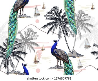 Beautiful botanical vector seamless pattern background with peacock, coconut palm trees, sailboat silhouettes, sun, mountaines. Isolated on white background. The Summer beach surfing illustration. 