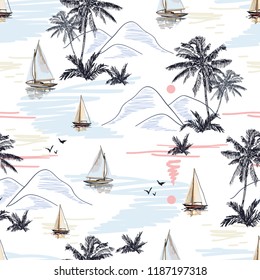 Beautiful botanical vector seamless pattern background with coconut palm trees, sailboat silhouettes, sun, mountaines, birds. Isolated on white background. The Summer beach surfing illustration. 