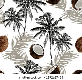 Beautiful botanical vector seamless pattern background with palm trees silhouettes, coconut fruit. Isolated on white background.