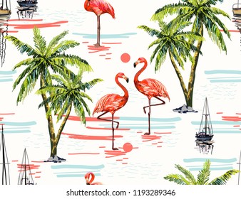 Beautiful botanical vector seamless pattern background with coconut palm trees, sailboat silhouettes, sun, pink flamingo. Isolated on white background. The Summer beach surfing illustration. 